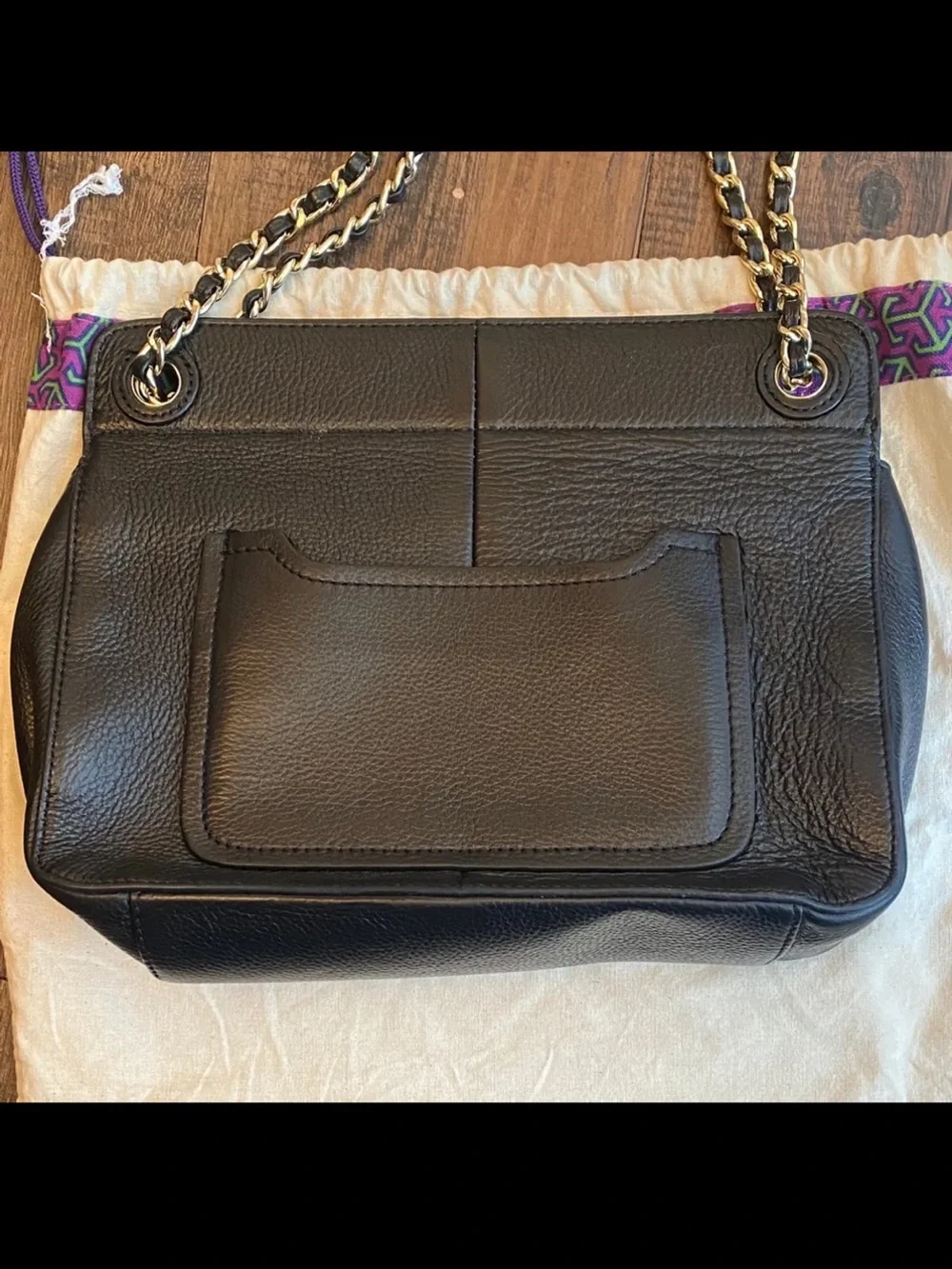 Tory Burch Marion Black Leather Shoulder Bag with Gold Chain
